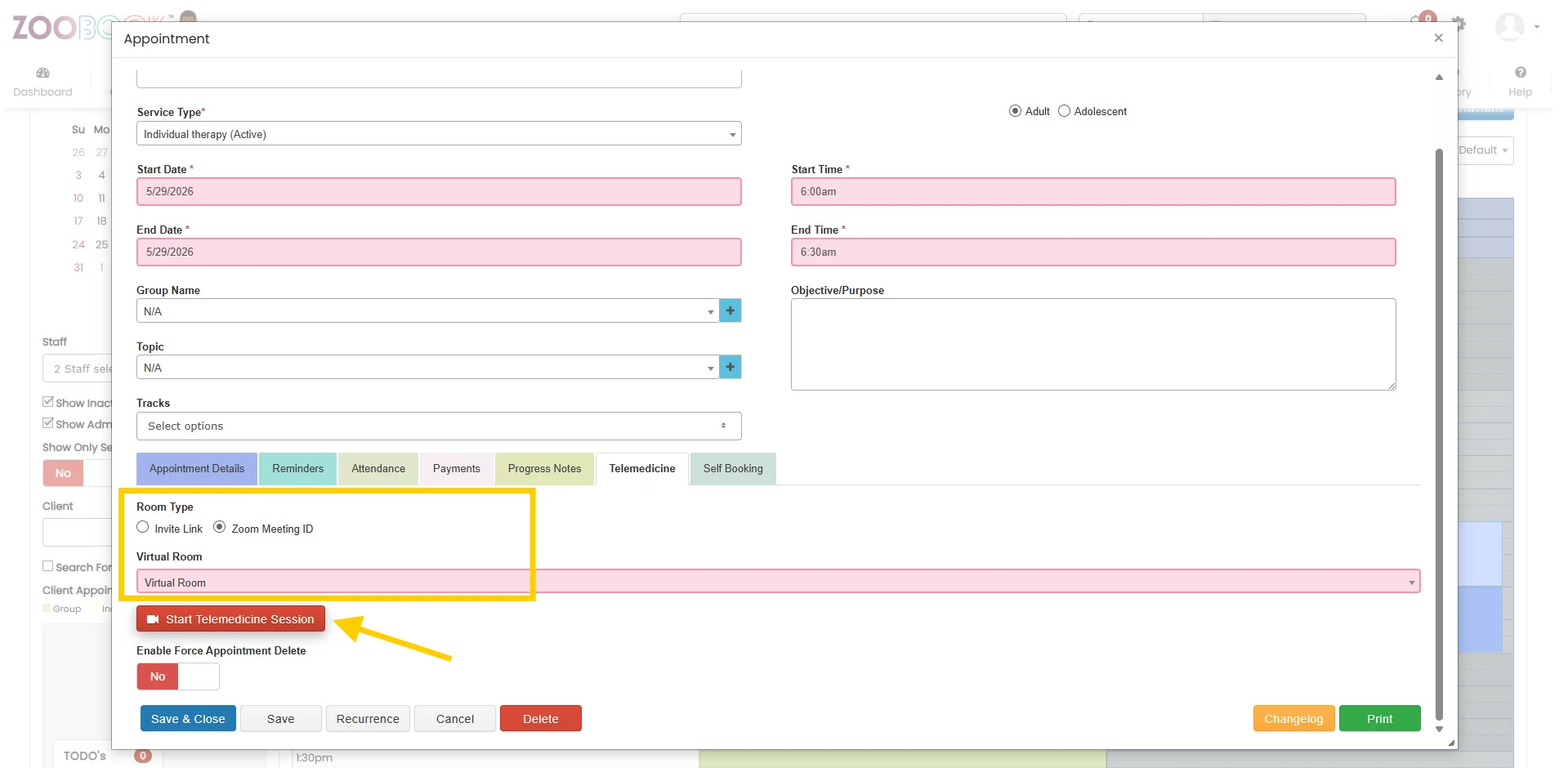 Zoobook telehealth interface — Start Telemedicine Session with Zoom integration