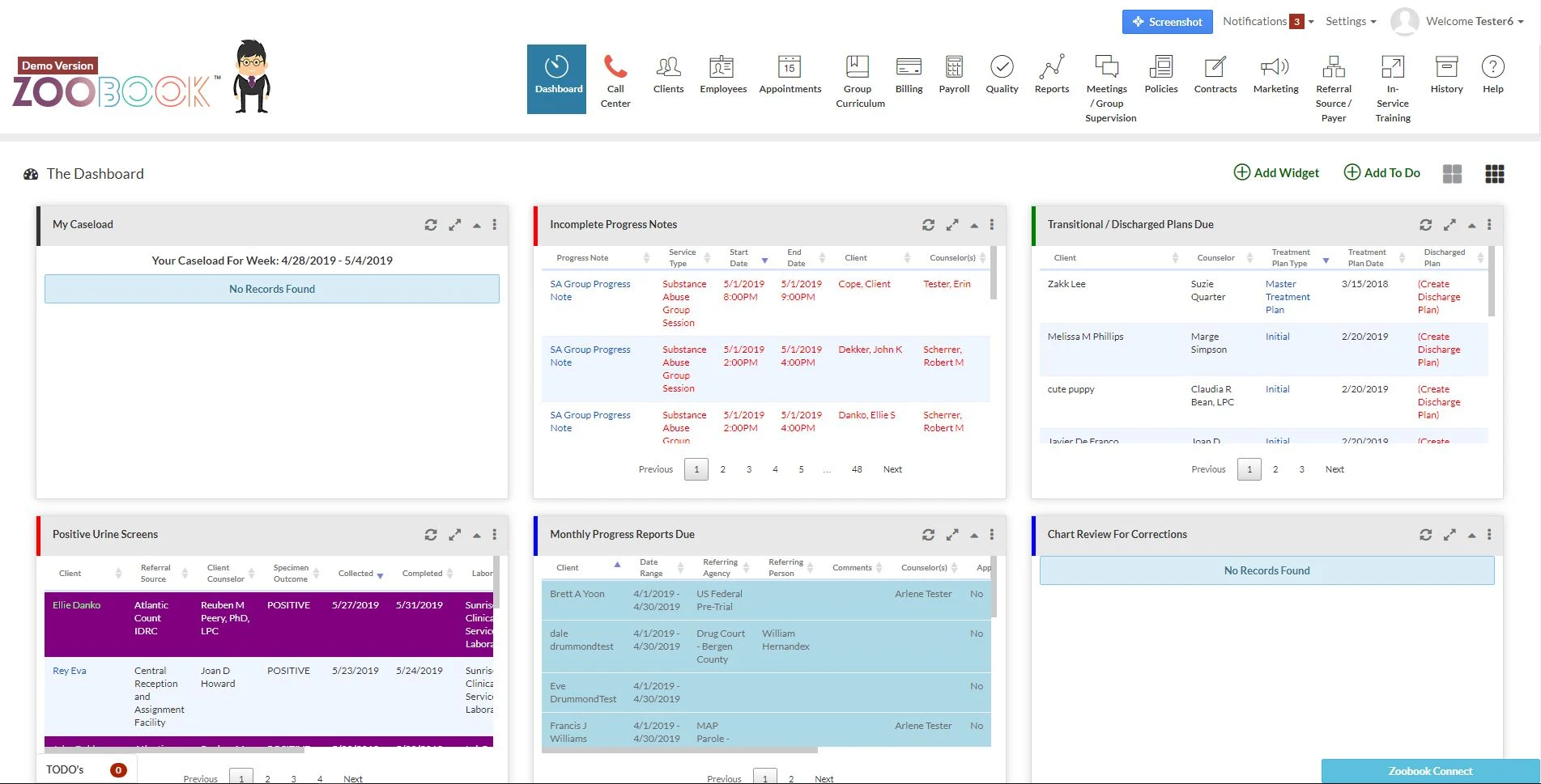 Zoobook EHR dashboard interface — behavioral health practice management